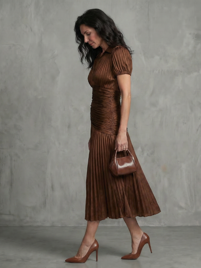 Collared Pinstripe Short Sleeve Ruched Waist Pleated Midi Dress