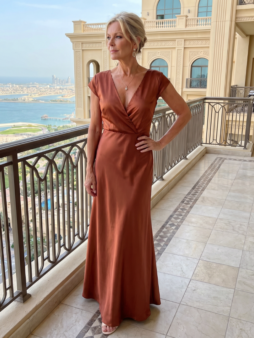 V-Neck Cap Sleeve Satin Wrap Bodice Bias Maxi Gown 8