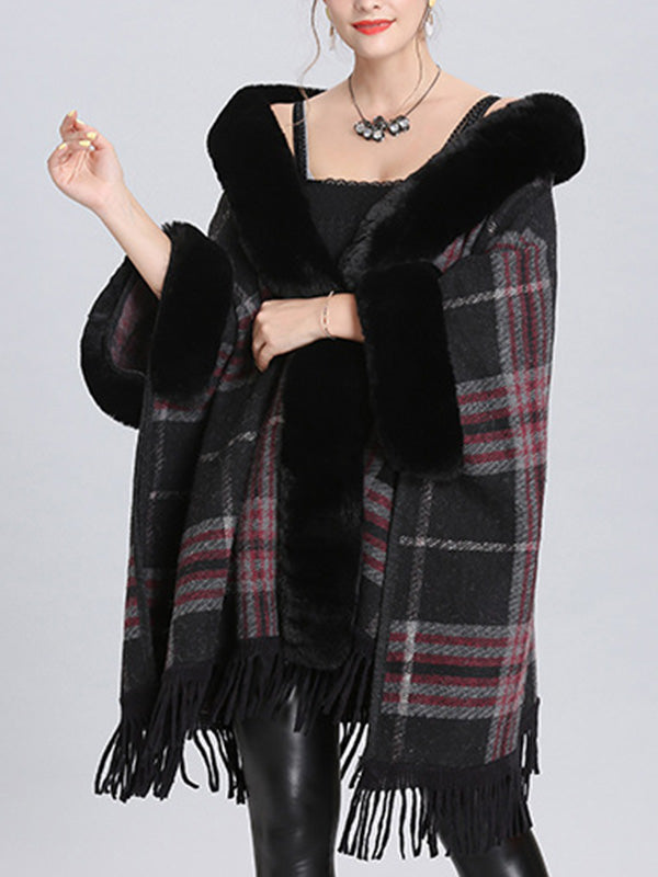 Faux Fur Trim Plaid Tassel Hem Cape Poncho Cardigan
