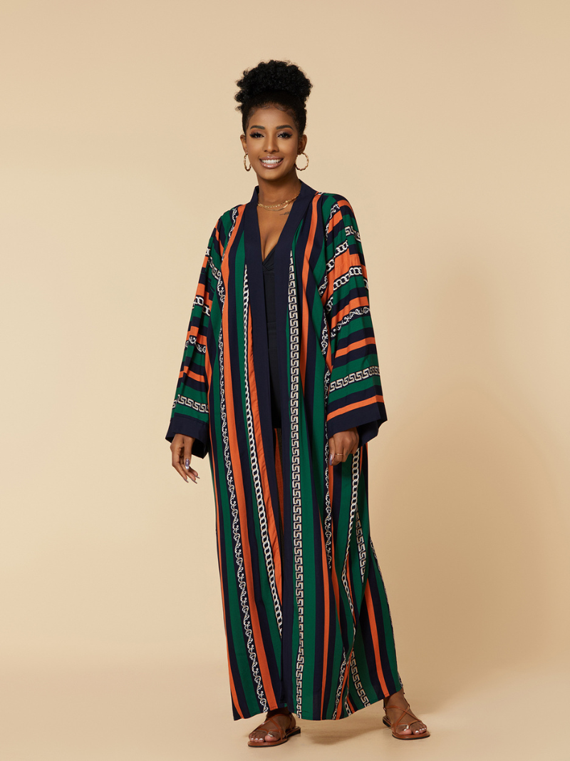 Zebra Print Contrast Trim Tie Waist Long Kimono