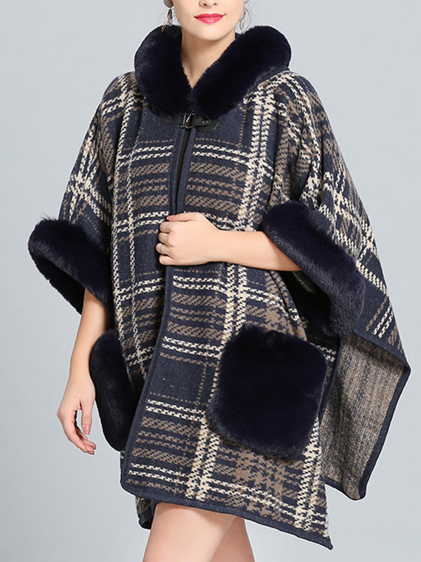 Hooded Faux Fur Trim Plaid Pocket Cape Cardigan