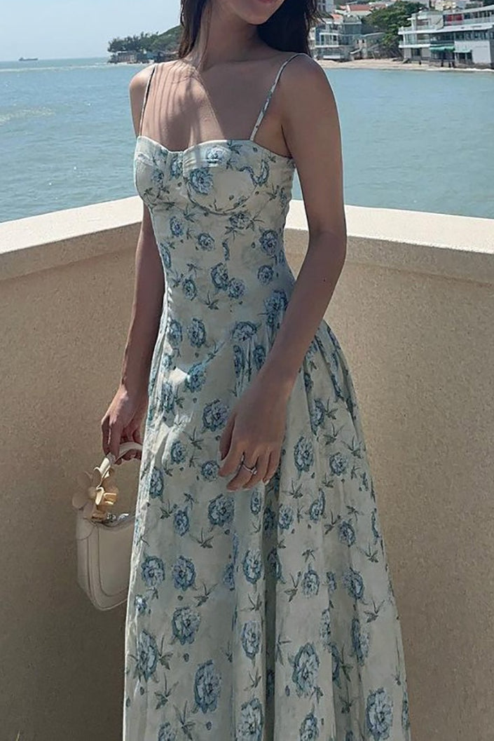 Blue Spaghetti Strap Sweetheart Corset Toile Floral Print A-Line Maxi Dress 3