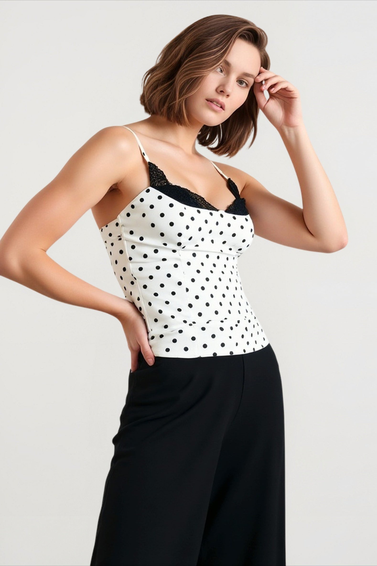 Polka dot lace panel cami top