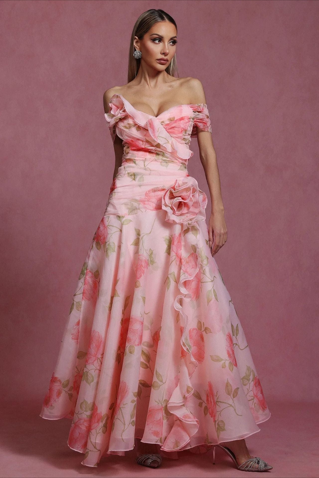 Pink Off Shoulder Sweetheart 3D Applique Floral Print A-Line Maxi Dress 4