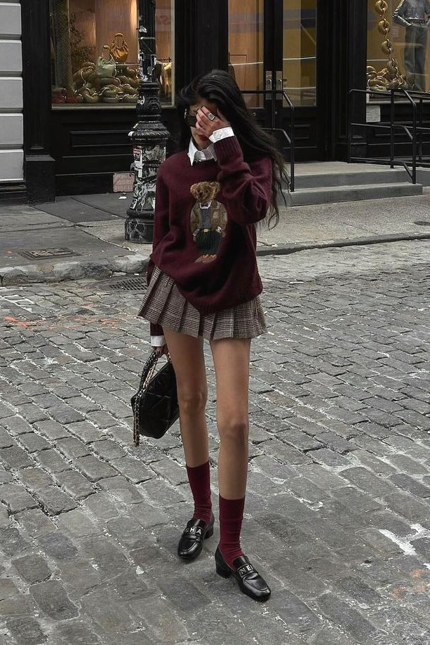 Retro Bear Embroidered Slim Knit Sweater