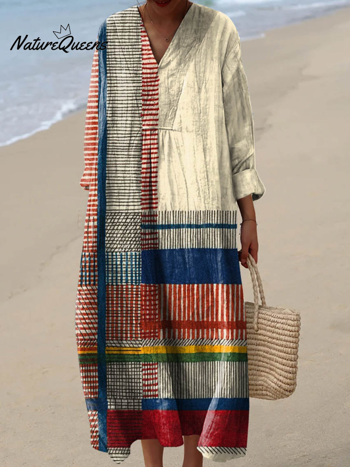 V-Neck Patchwork Plaid Print Long Sleeve Linen Relaxed Maxi Dress