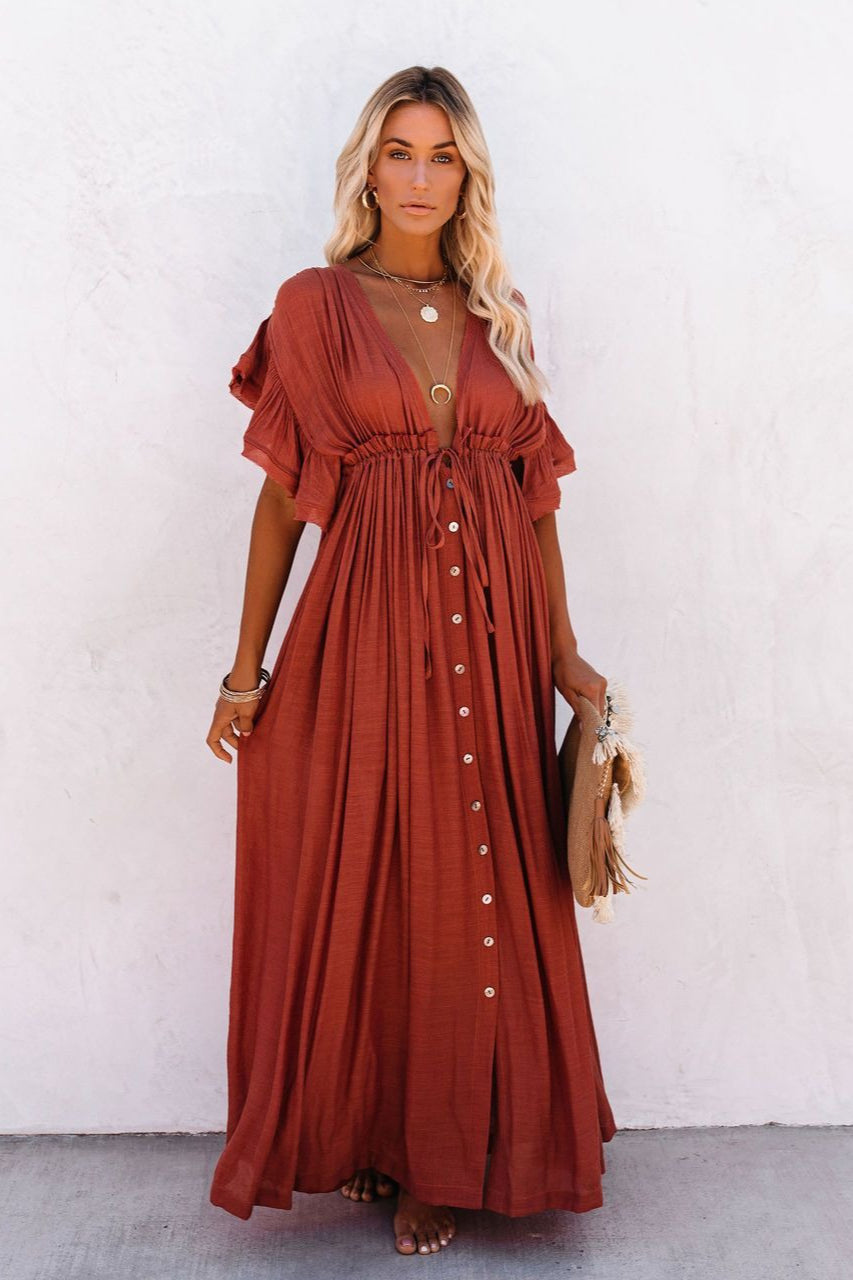 Deep V Neck Ruffle Sleeve Drawstring Waist Button Front Pocket Maxi Dress 3