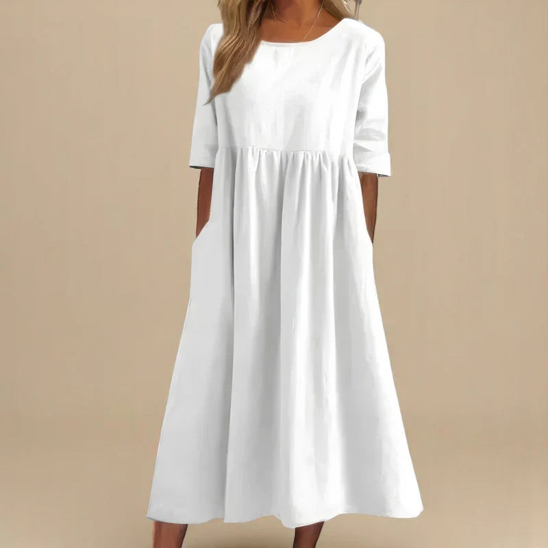 Round Neck Linen Half Sleeve Pocket Pleated A-Line Midi Dress