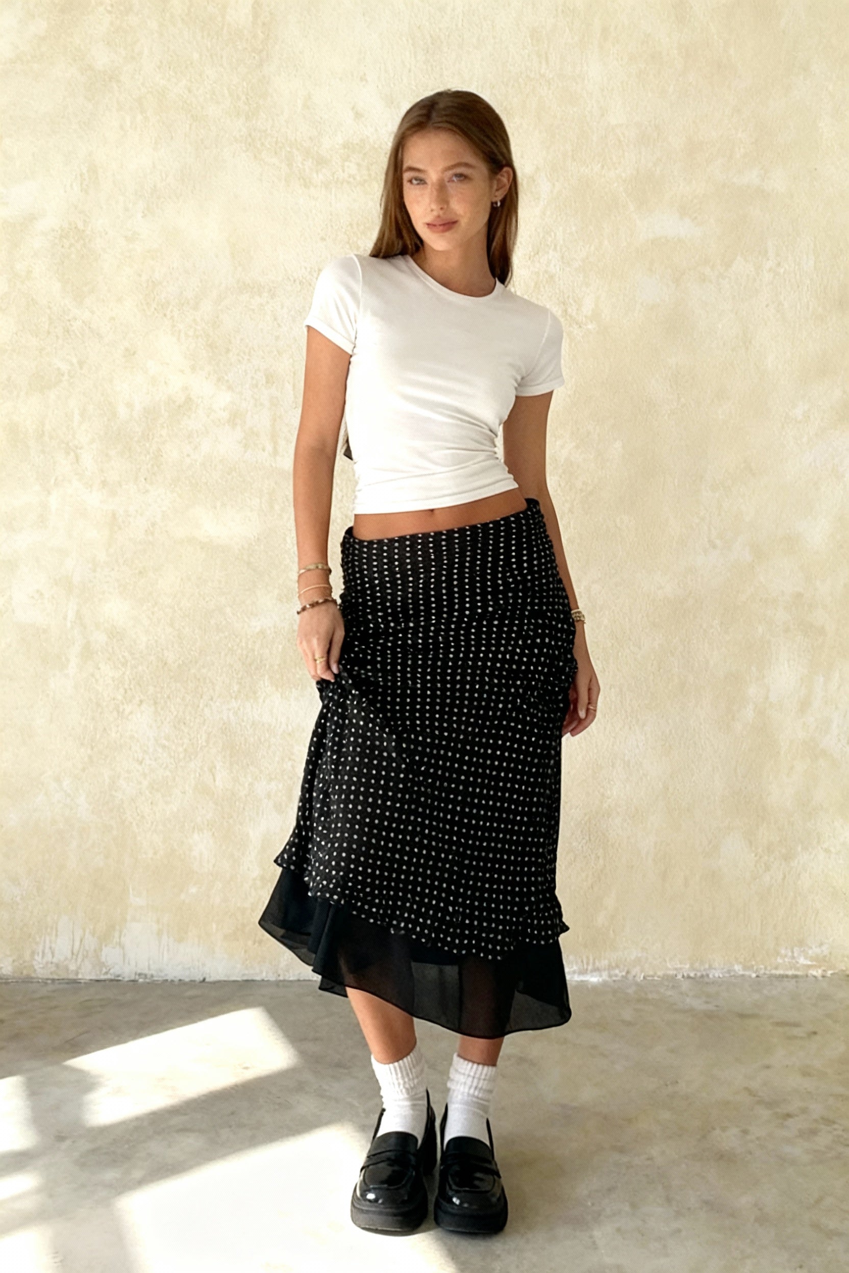 Polka Dot ALine Mesh Midi Skirt