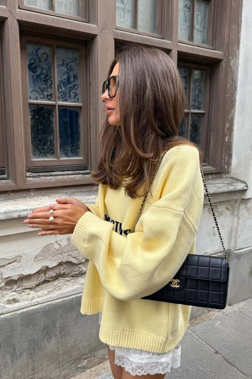 Yellow Retro Slouchy Letter Print Pullover Sweater