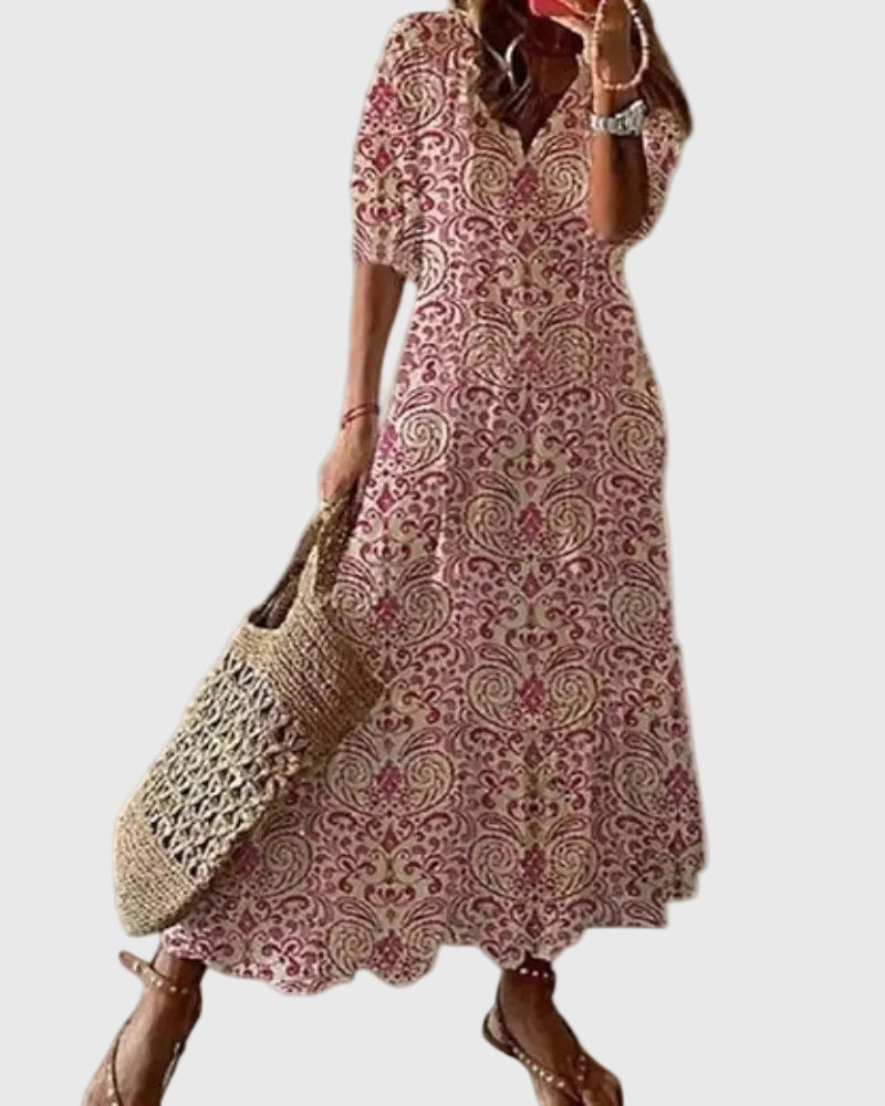 V-Neck Tassel Tie Short Sleeve Ikat Print Tiered Boho Maxi Dress
