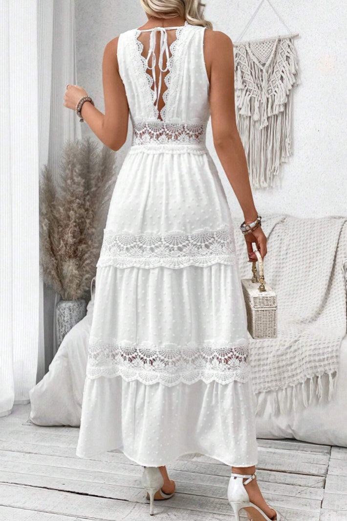 White Deep V Neck Swiss Dot Lace Panel Tiered Maxi Dress 2