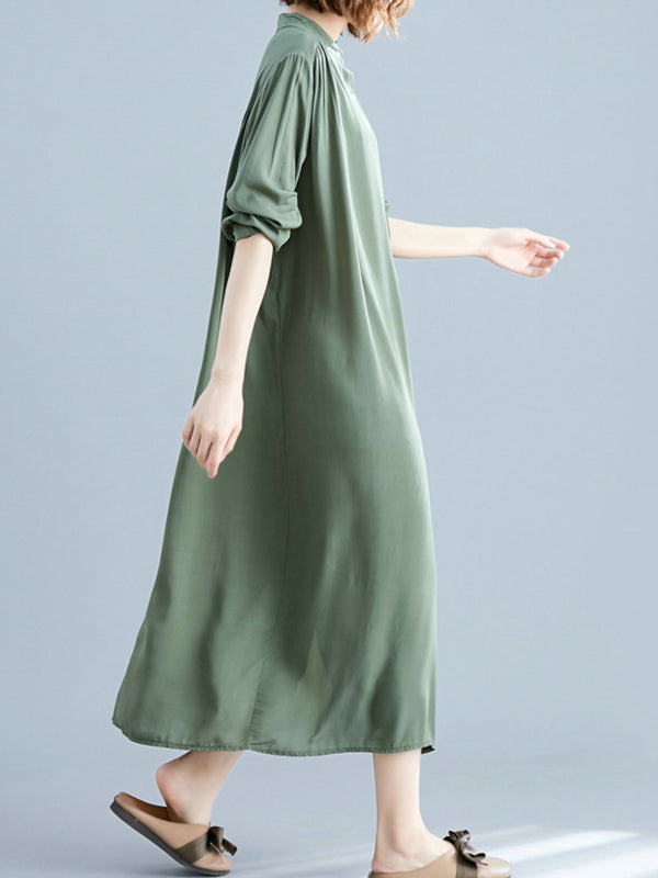 Stand Collar Long Sleeve Button Front Loose Shirt Midi Dress 11