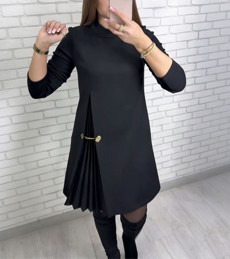 Mock Neck Long Sleeve Pleated Detail A-Line Mini Dress 14