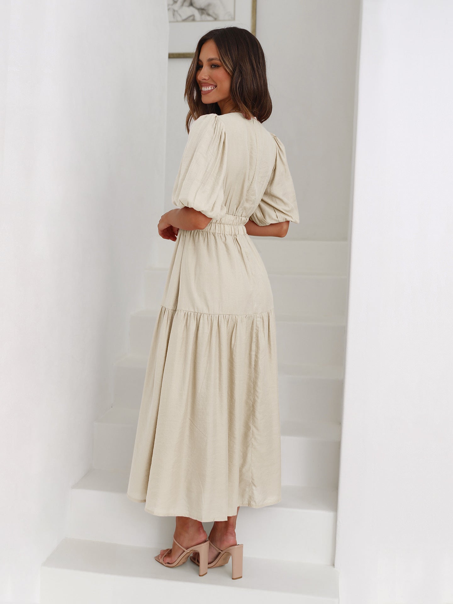 Claudia Exclusive Ruffle Midi Dress with V Neck and Puff Sleeves Premium Wardrobe Essential