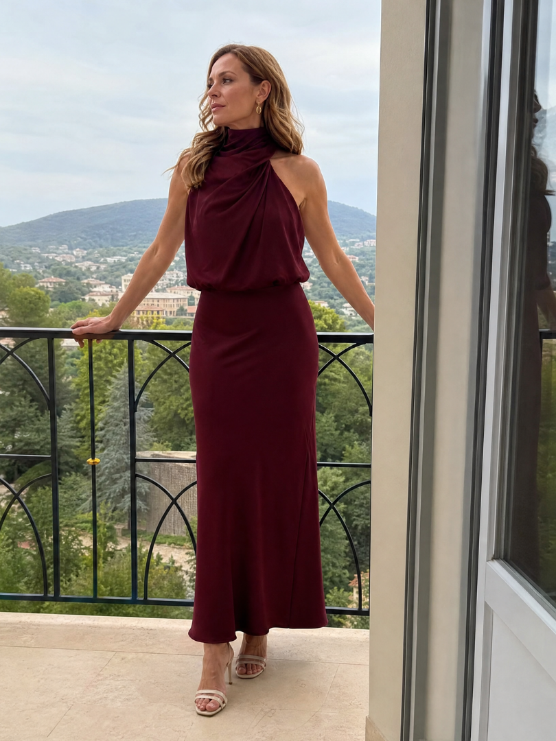 Halter Neck Twist Front Blouson Satin Column Maxi Dress 4