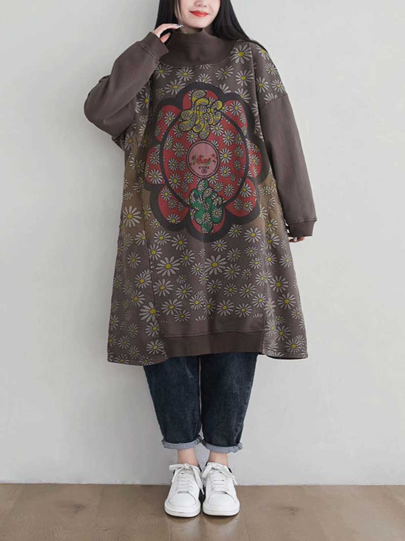 Turtleneck Floral Daisy Print Medallion Oversized Sweatshirt Midi Dress