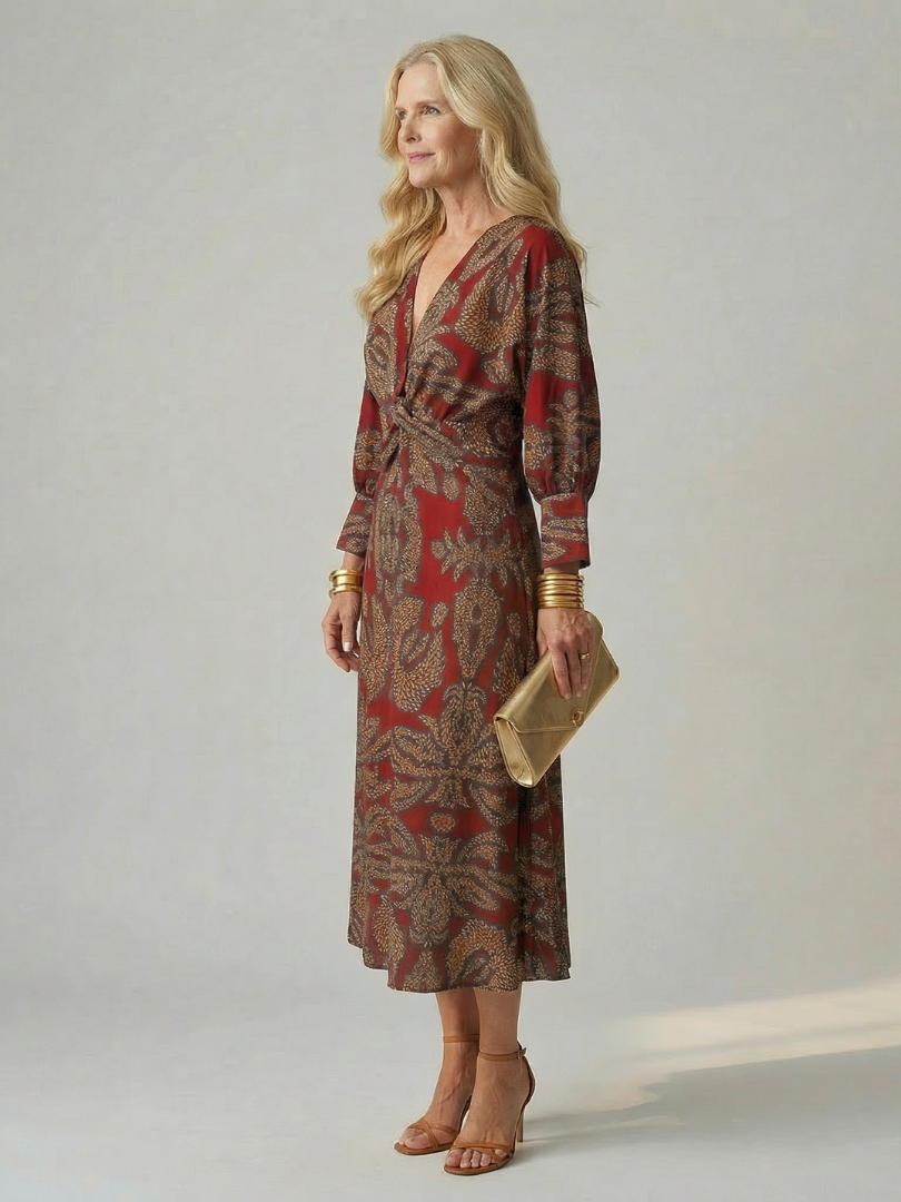 V-Neck Twist Front Long Sleeve Abstract Print Sheath Midi Dress