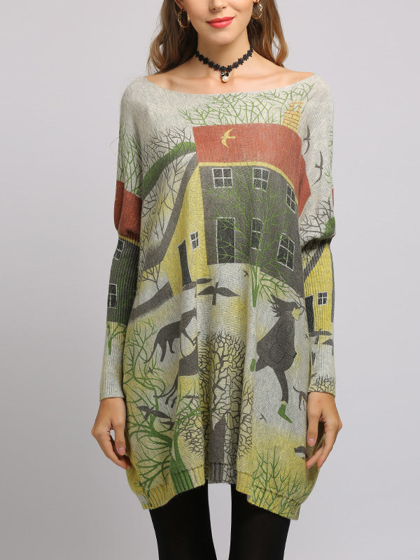 Boat Neck Scenic Print Long Sleeve Loose Knit Sweater 13