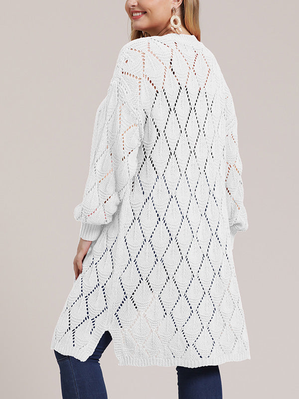 Open Front Pointelle Knit Long Sleeve Longline Cardigan