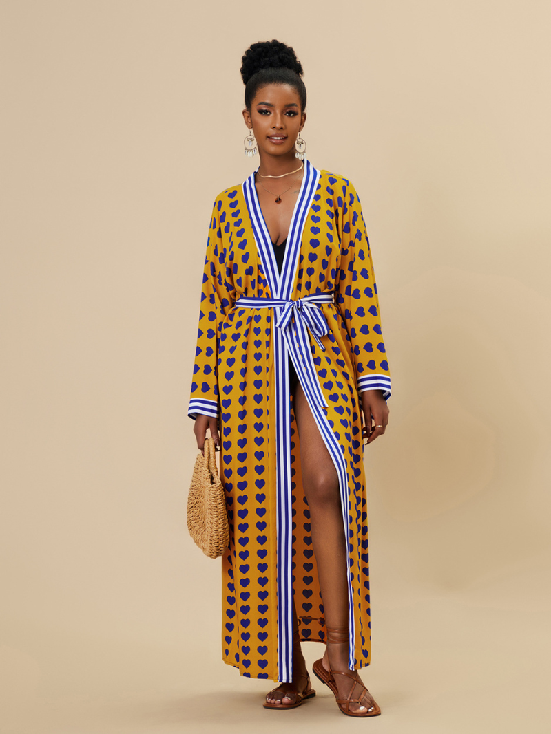 Zebra Print Contrast Trim Tie Waist Long Kimono