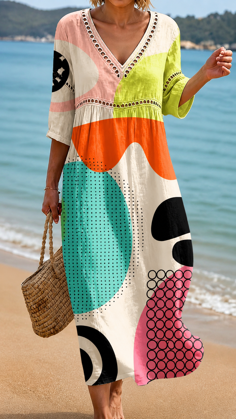 V-Neck Crochet Trim Abstract Geometric Empire Waist Maxi Dress