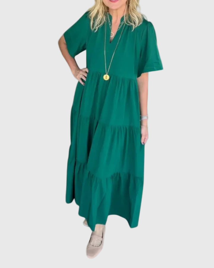 Split V-Neck Short Sleeve Tiered Flowy Maxi Dress
