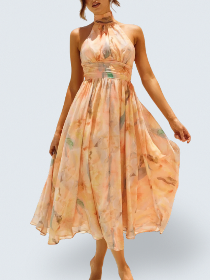 Halter Neck Watercolor Floral Chiffon Ruched Waist Flowy Midi Dress
