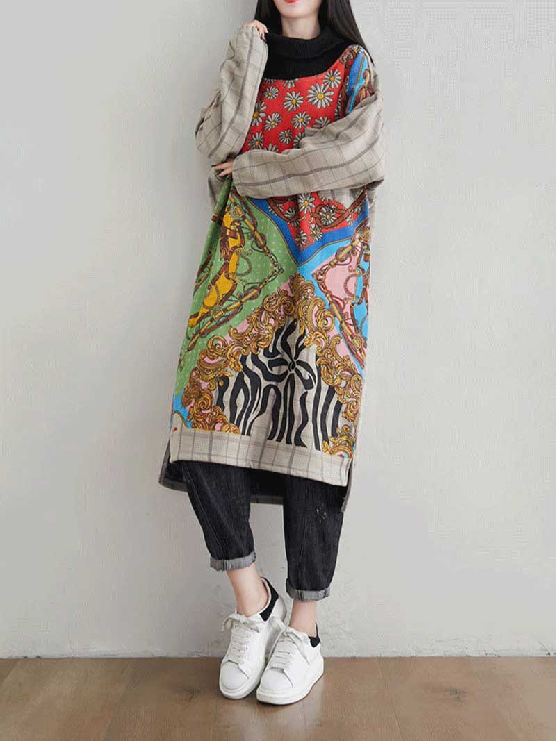 Round Neck Mixed Print Plaid Panel Long Sleeve Shift Midi Dress 12