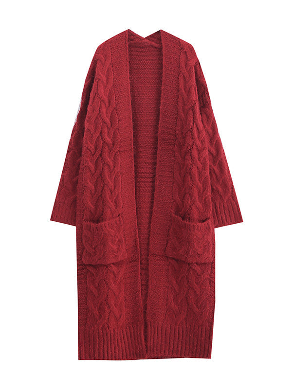 Open Front Cable Knit Fuzzy Longline Pocket Cardigan 9