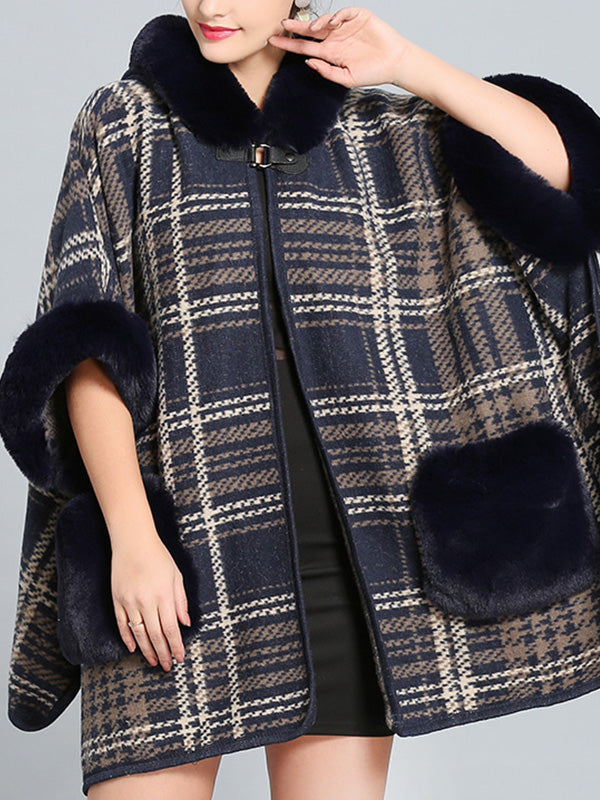 Hooded Faux Fur Trim Plaid Pocket Cape Cardigan