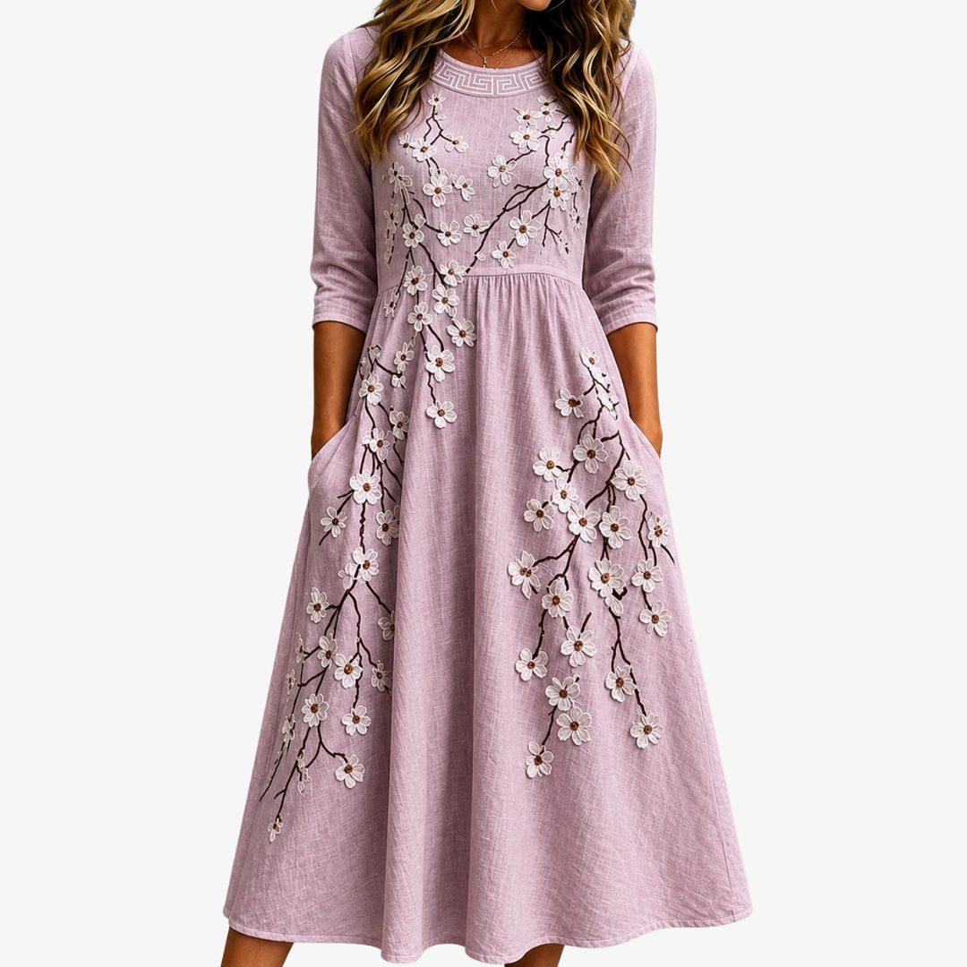 Round Neck Blossom Floral Applique Pocket Fit and Flare Midi Dress
