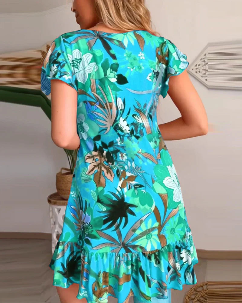 V-Neck Floral Flutter Sleeve Ruffle Hem Swing Mini Dress