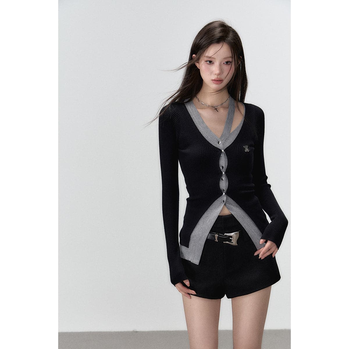 Elegant Black Knit Long Cardigan With Hollow Out Design