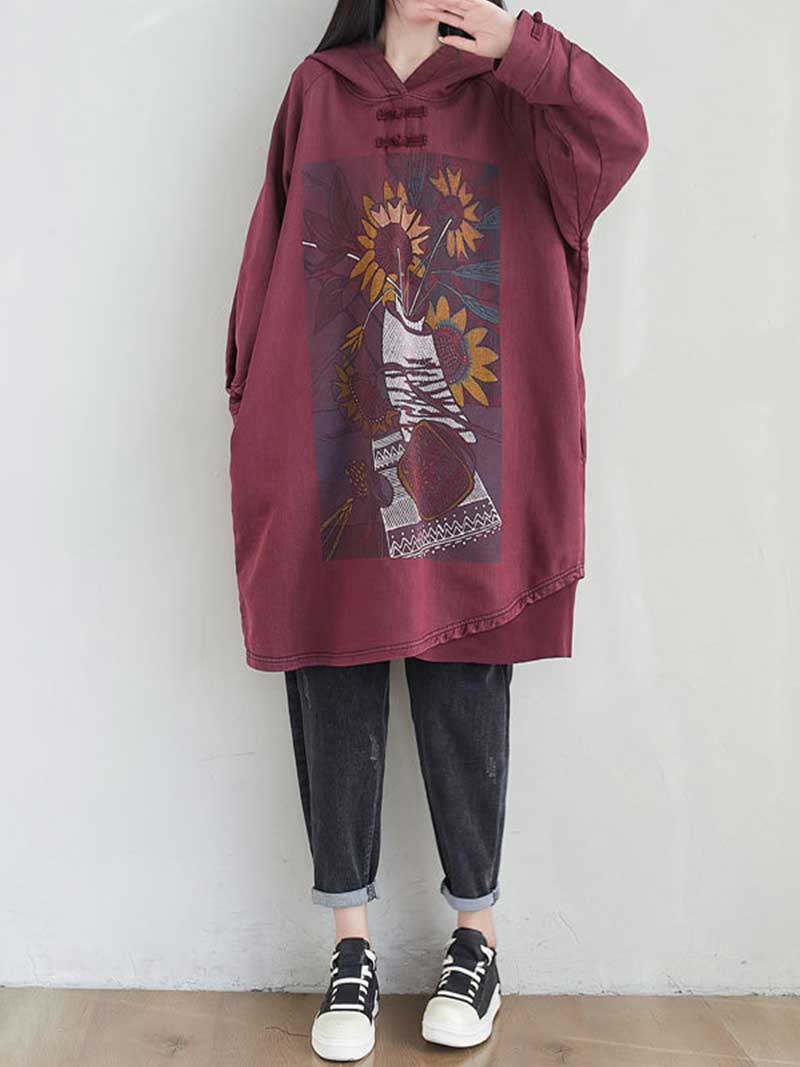 Hooded Floral Graphic Print Longline Sweatshirt Hoodie