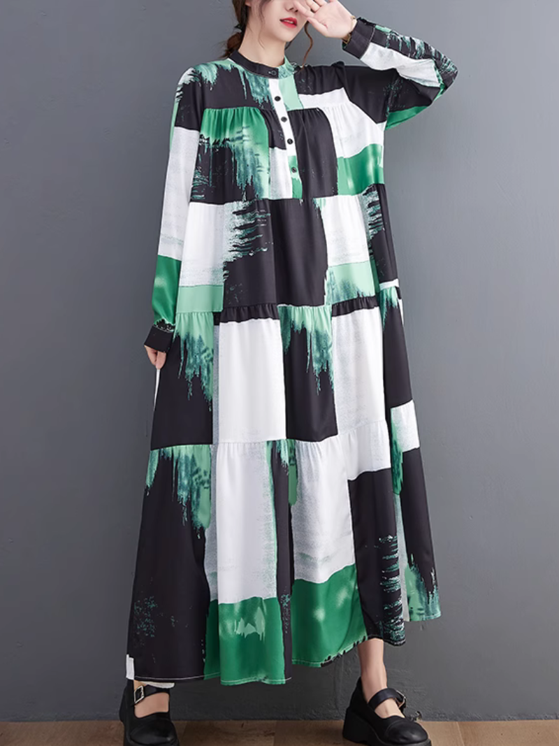 Comfort Large Size Loose Printing Collar A-Line Dress