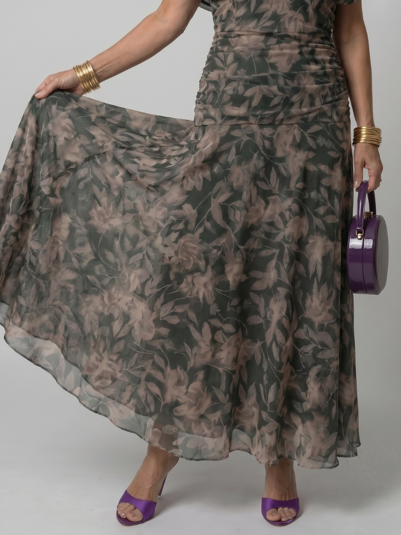Off-Shoulder Draped Floral Chiffon Ruched Flowy Midi Dress