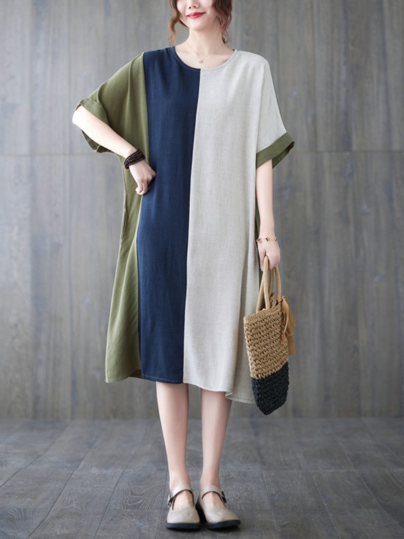 Round Neck Short Sleeve Colorblock Patchwork Cocoon Midi Dress 7