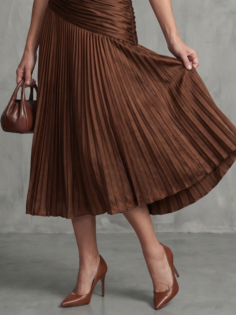 Collared Pinstripe Short Sleeve Ruched Waist Pleated Midi Dress