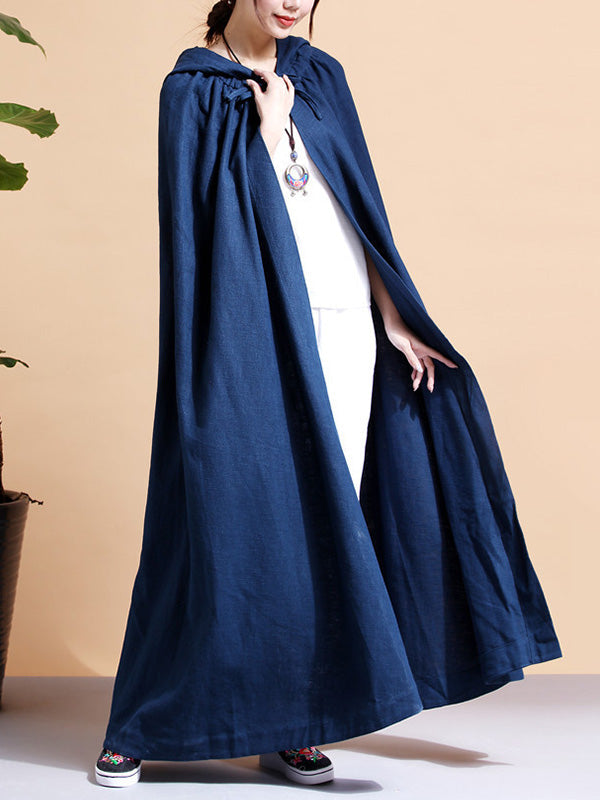 Hooded Open Front Linen Long Cape Coat