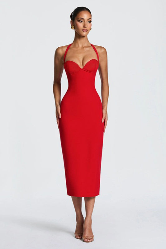 Solid Halter Neck Tie Back Midi Party Dress