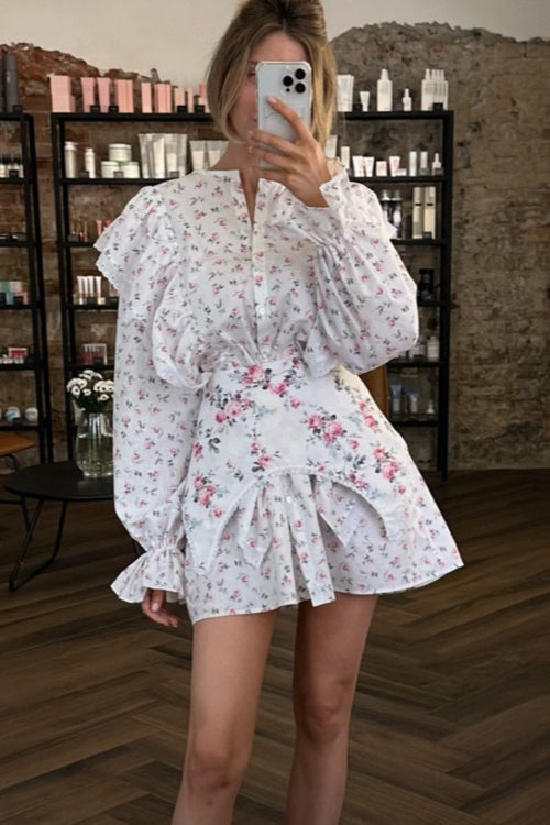 White Long Sleeve Ruffle Trim Detachable Belt Mini Floral Print Dress 5
