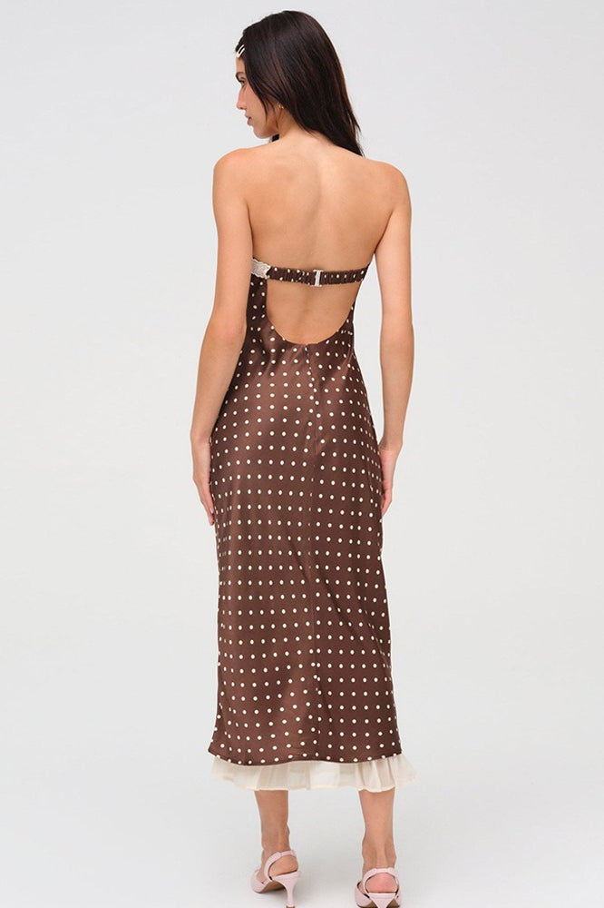 Brown Satin Polka Dot Strapless Backless Maxi Dress 4