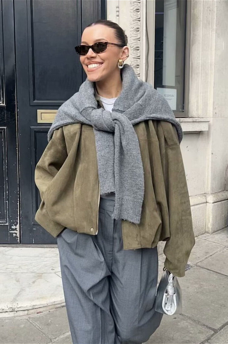 Chic Velvety Textured Bomber Jacket