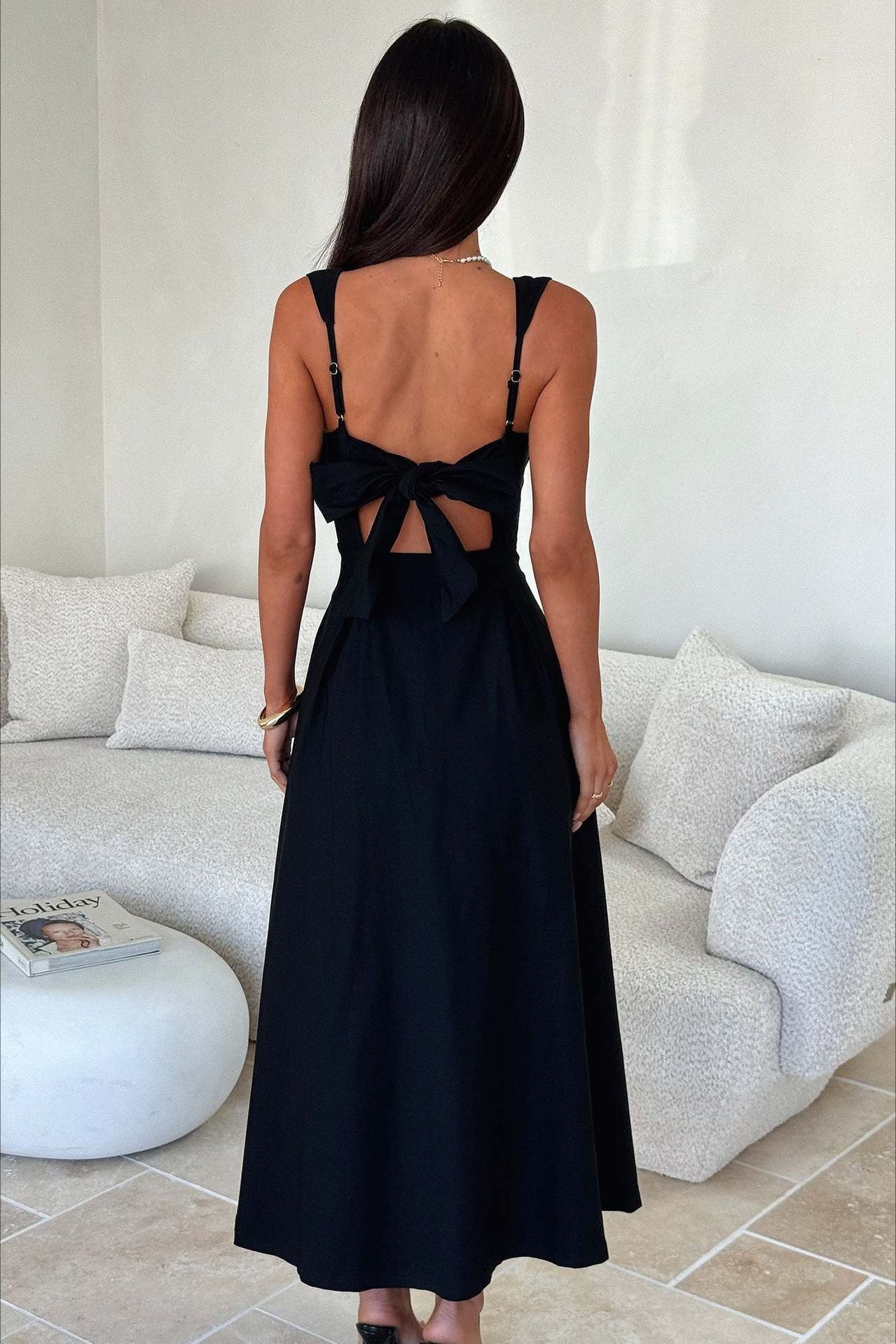 Square Neck Gathered Bust Wide Strap Pleated Pocket Midi Dress 6