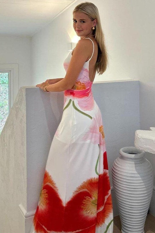 Floral U Neck Strap Backless Vacation Dress