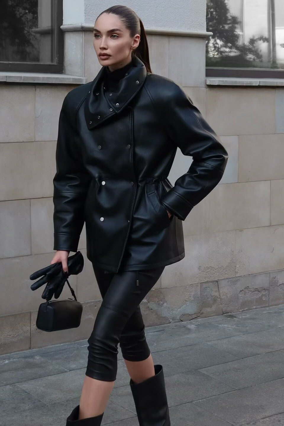 Black Stand Collar Slim Faux Leather Mid-Length Coat