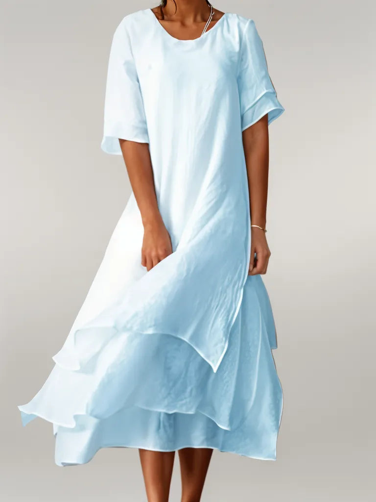 Round Neck Layered Chiffon Short Sleeve Tiered A-Line Midi Dress 5