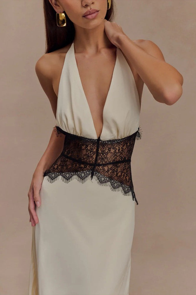 Solid Lace Sheer Halter Tie Back Slip Dress