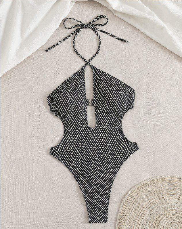 One Piece Swimsuit Women Sexy Backless Halter Plaid Solid Color One Piece Swimsuit